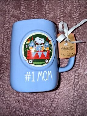 Rae Dunn Light Blue #1 MOM Ceramic Mug with Snoopy Floral Wagon